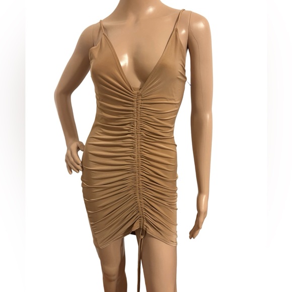Tan Ruched Midi Dress - Picture 2 of 3
